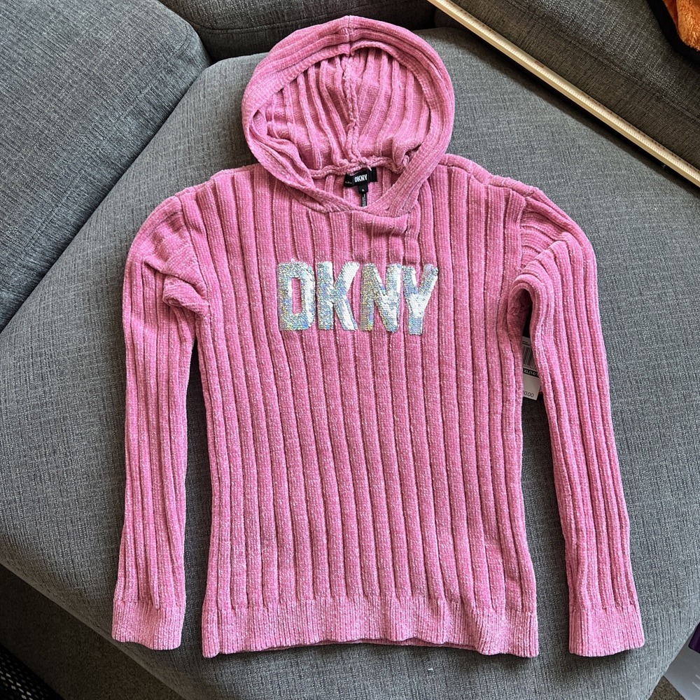 DKNY long sleeve Hooded Girls XL 14/16 Soft Top With Silver Sequins Donna Karen